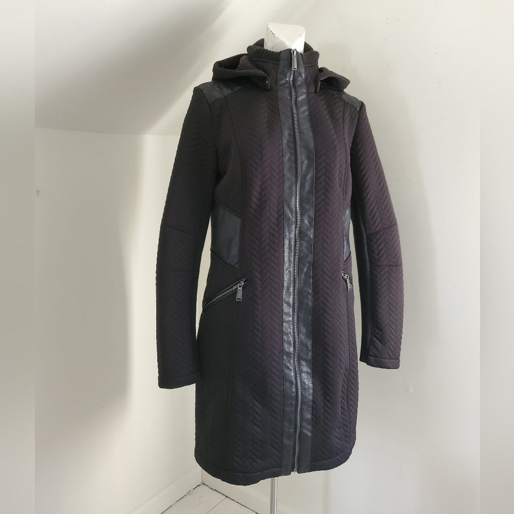 BCBG Quilted Black & Faux Leather Mockneck Longline Jacket With Detachable Hood